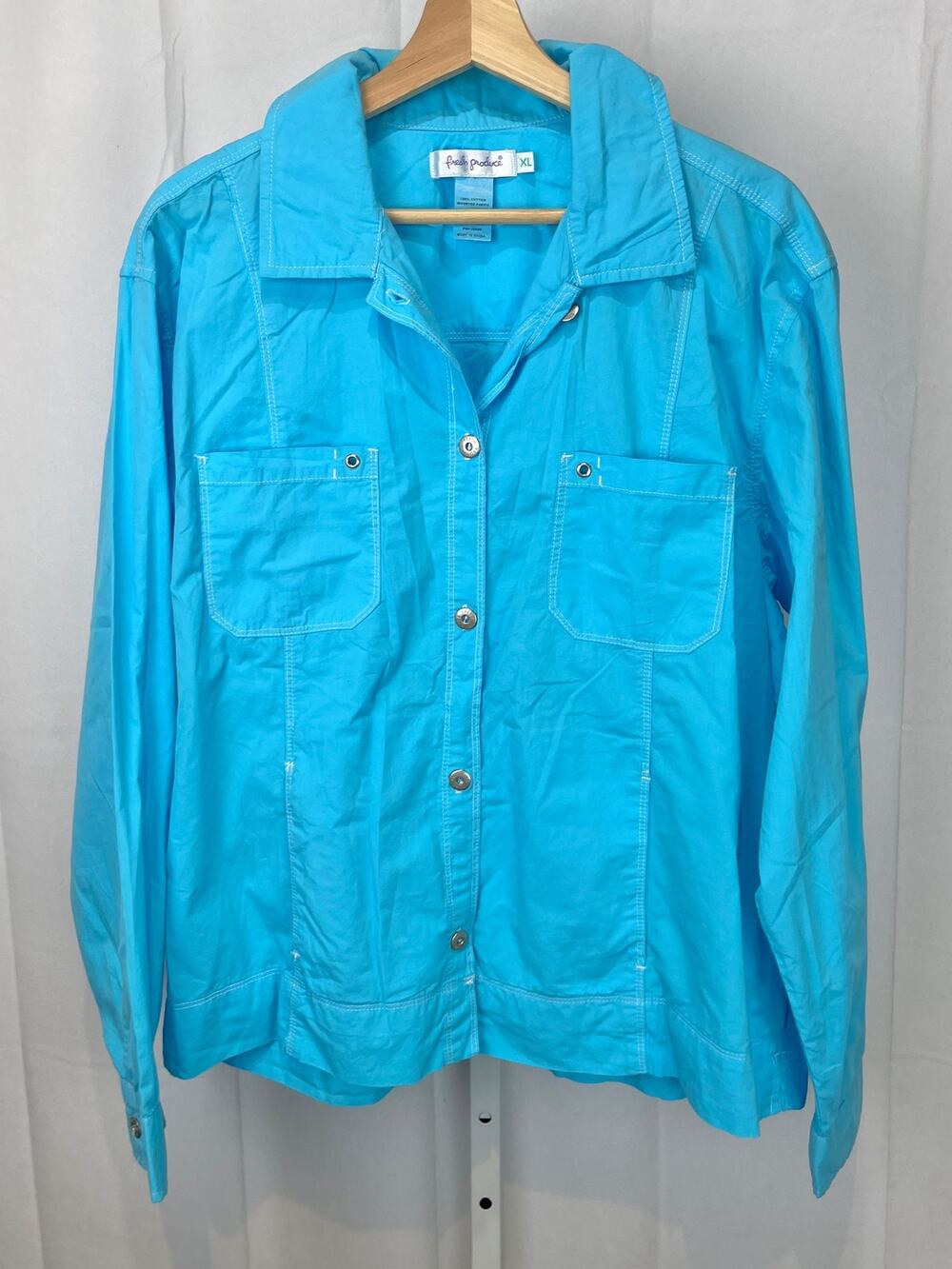 FRESH PRODUCE Button Front Utility Shirt Jacket Cotton Blue Size XL